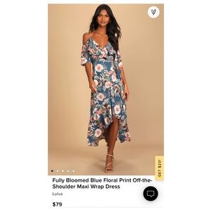 Lulu’s Fully Bloomed Blue Floral Print Off-the-Shoulder Maxi Wrap Dress